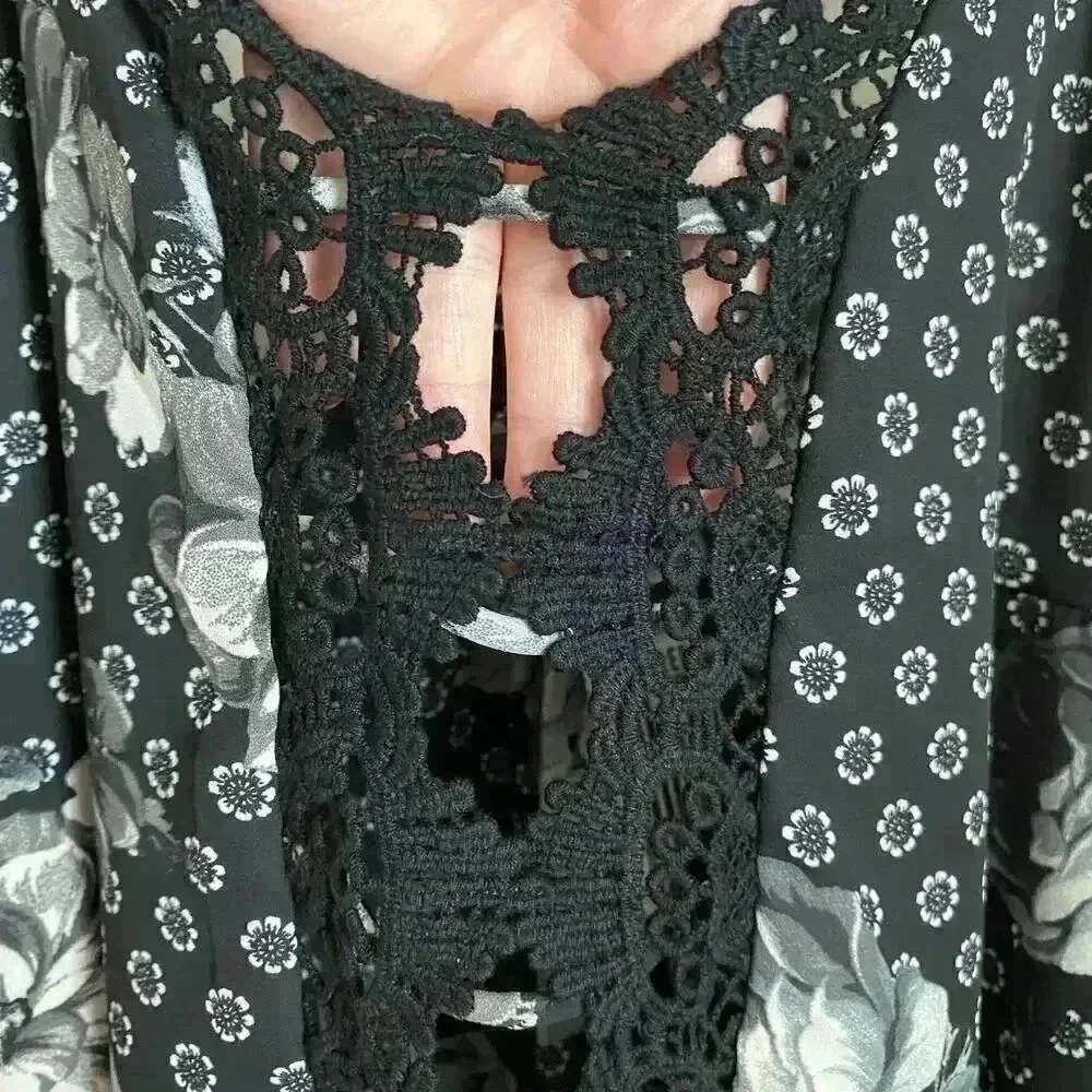Free People Black Floral‎ Midi Dress Crochet Chest